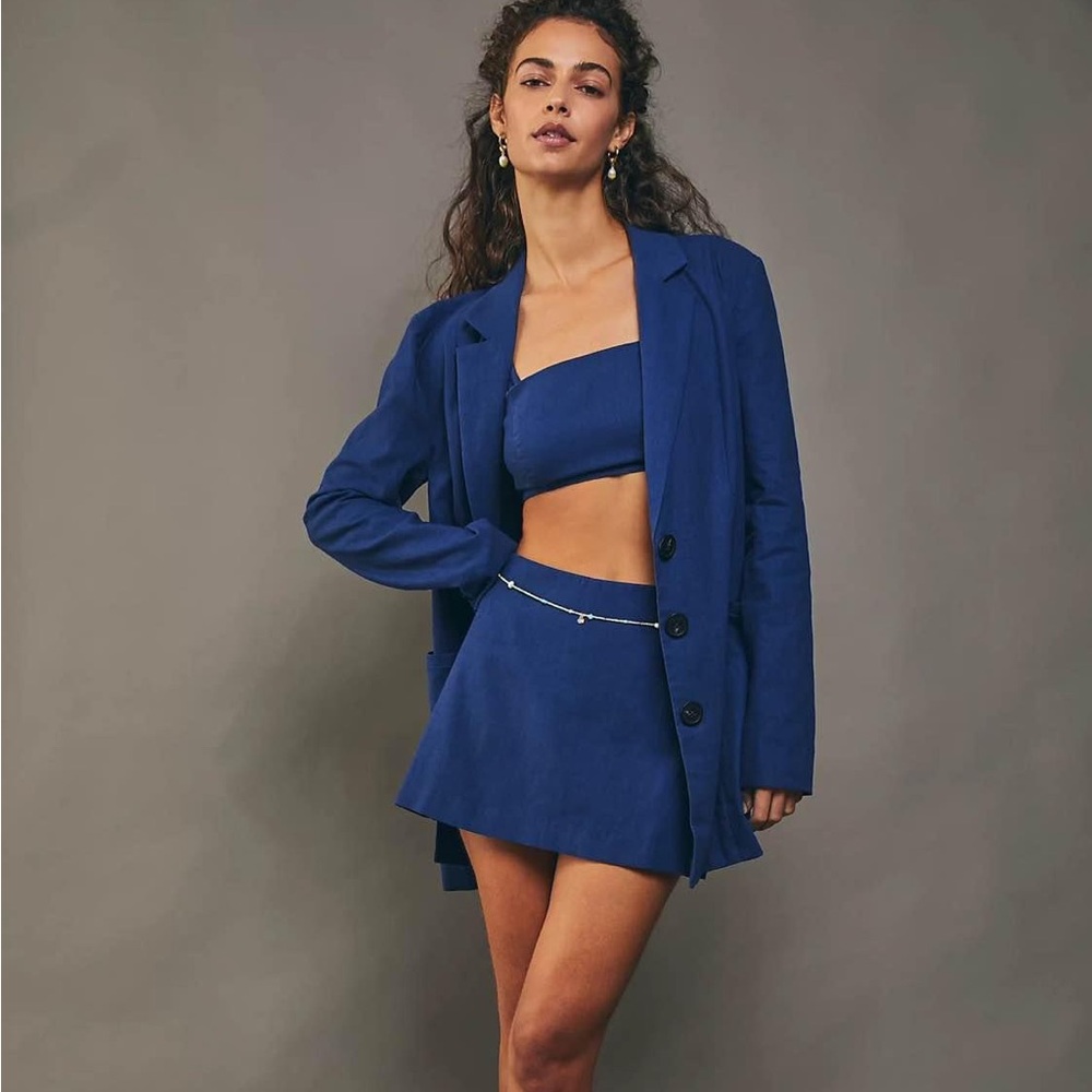 Free People Marni Navy Linen and Cotton Blazer